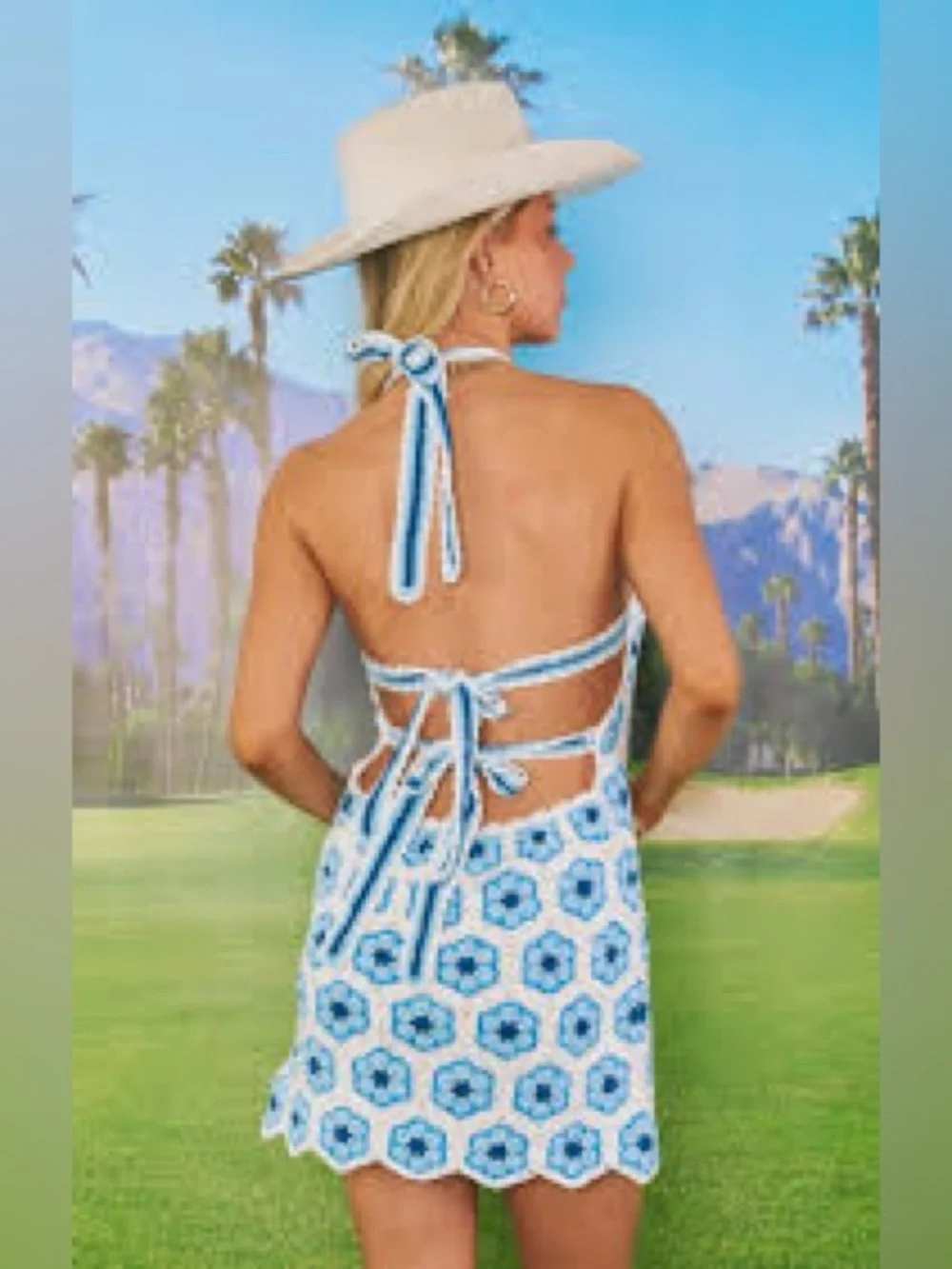 Show Me your Mumu Crochet Blue Halter Mini Dress EUC - Picture 3 of 7